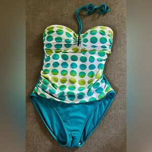 La Blanca Polka Dot Green Goddess Print, Halter Top One Piece Swimsuit SZ 10